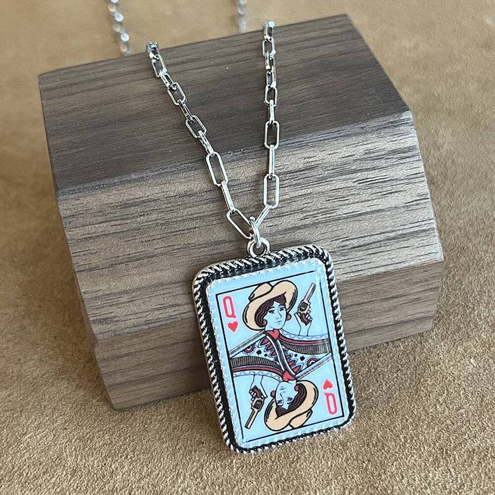 Cowgirl Queen Card Pendant Necklace – Silver Western Jewelry